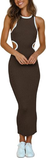 NauLon Womens Sexy Cut Out Waist Open Back Bodycon Dress Ankle Length Ribbed Party Club Midi Dresses